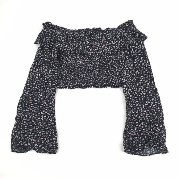 LA Hearts Off The Shoulders Floral Print Cropped Top Bell Sleeve Large Black L - Picture 2 of 6